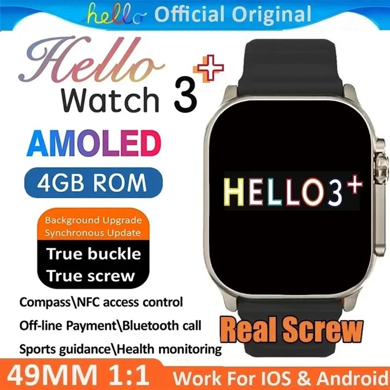 2024 Original Hello Watch 3 Plus Ultra Smartwatch AMOLED 4GB ROM NFC Compass Bluetooth Call Music Smart Watch For IOS Android